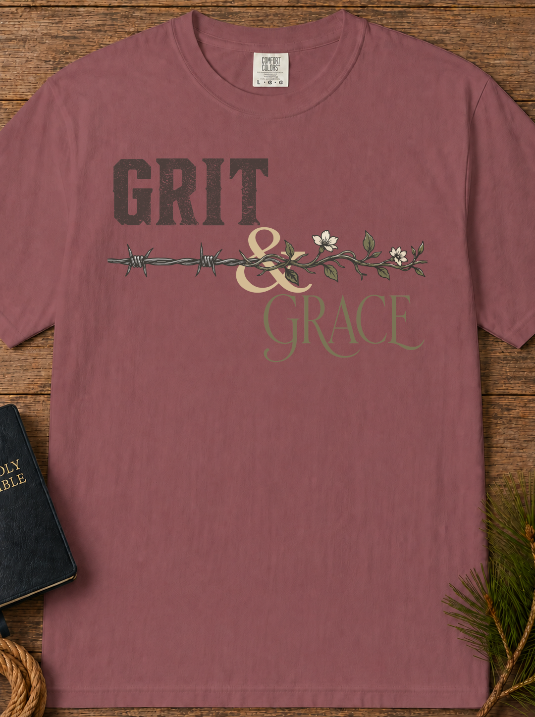 Grit & Grace T-Shirt | Barbed Wire Floral Typography