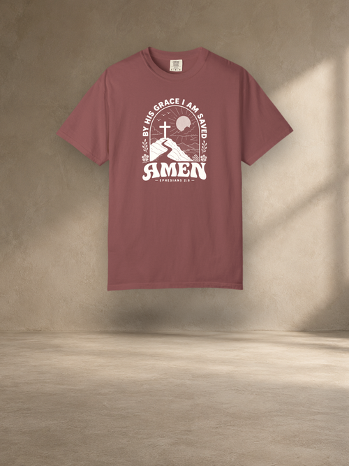 Amen Cross T-Shirt — 'By His Grace I Am Saved' Christian Faith Tee – Brick – front
