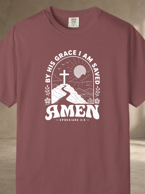 Amen Cross T-Shirt — 'By His Grace I Am Saved' Christian Faith Tee – Brick – front