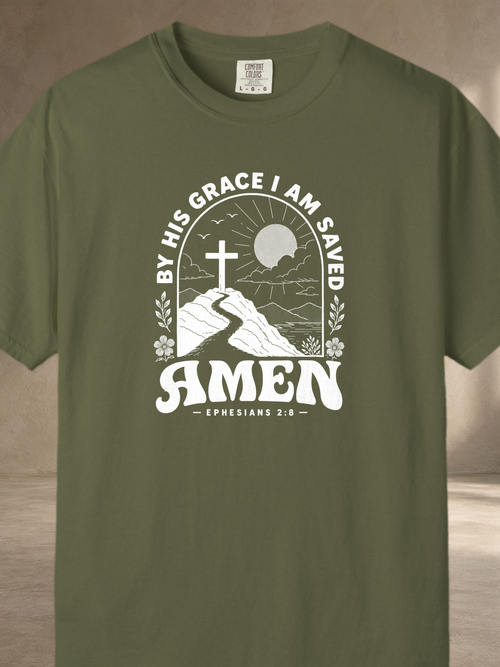 Amen Cross T-Shirt — 'By His Grace I Am Saved' Christian Faith Tee – Hemp – front