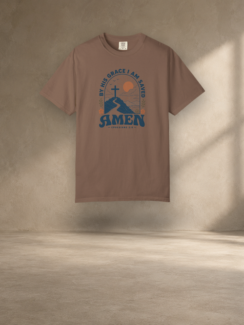 Amen Mountain Cross T-Shirt — "By His Grace I Am Saved" Christian Tee – Espresso – front
