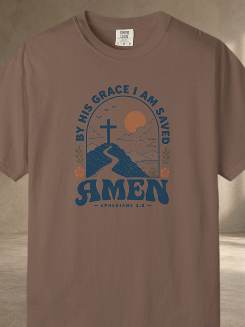 Amen Mountain Cross T-Shirt — "By His Grace I Am Saved" Christian Tee – Espresso – front
