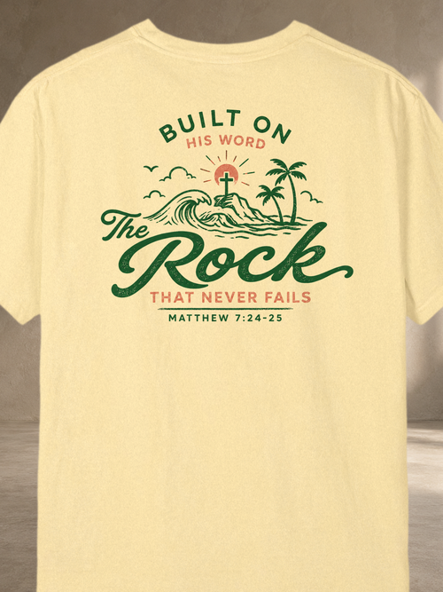 "Built on His Word / The Rock" Chest & Back Christian Graphic Tee – Banana – back