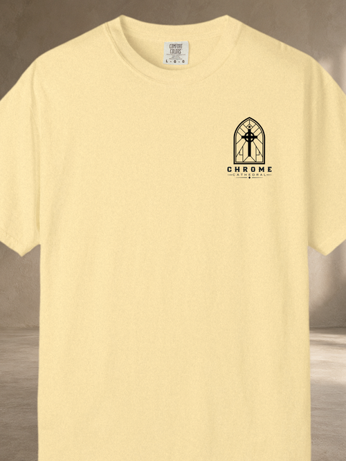"Built on His Word / The Rock" Chest & Back Christian Graphic Tee – Banana – front