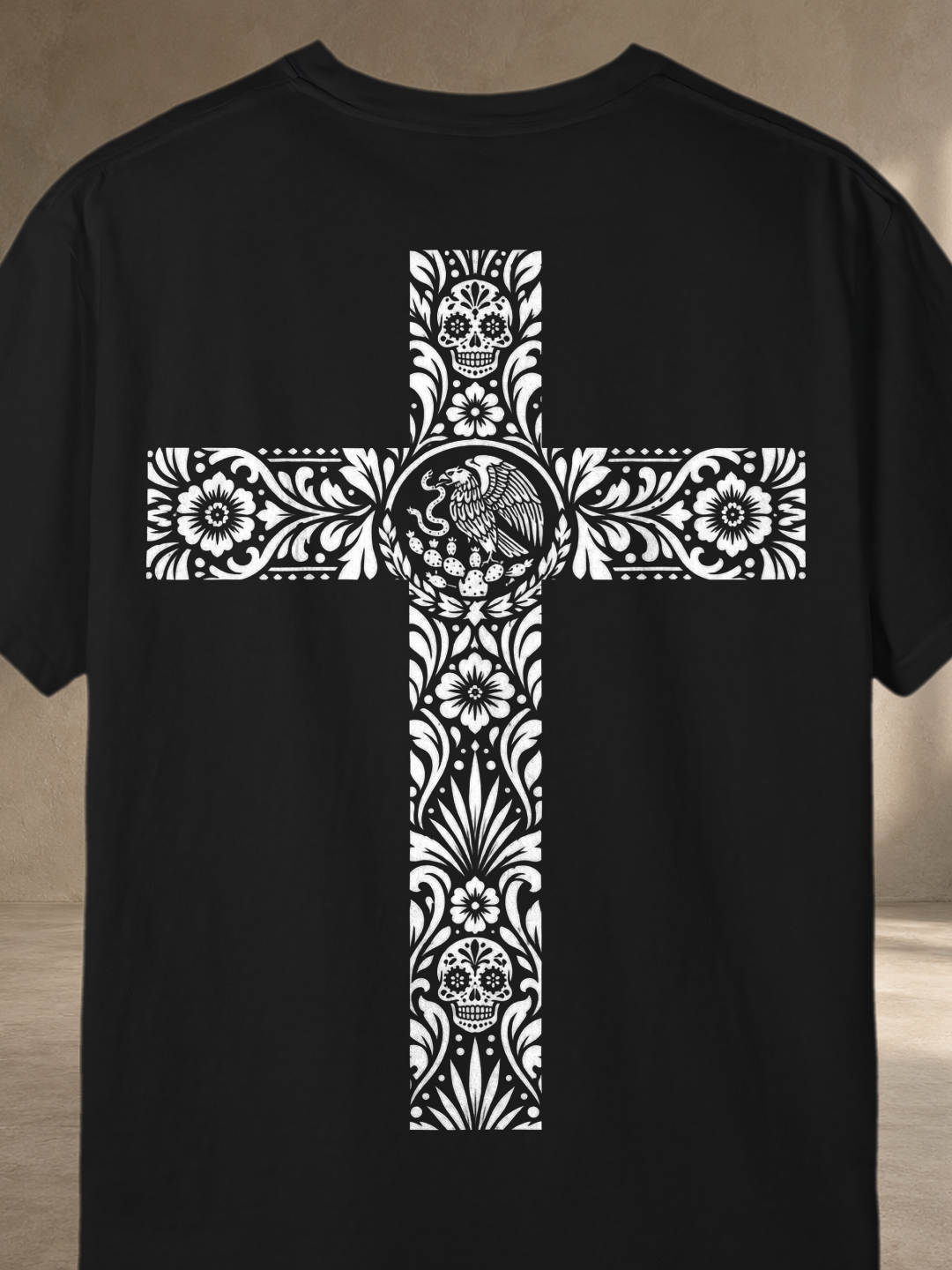 Mexican Cultural Cross T-Shirt – Black – back