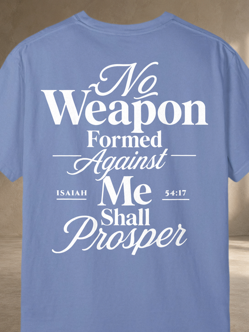 "No Weapon Formed Against Me Shall Prosper" Christian T-Shirt – Washed Denim – back
